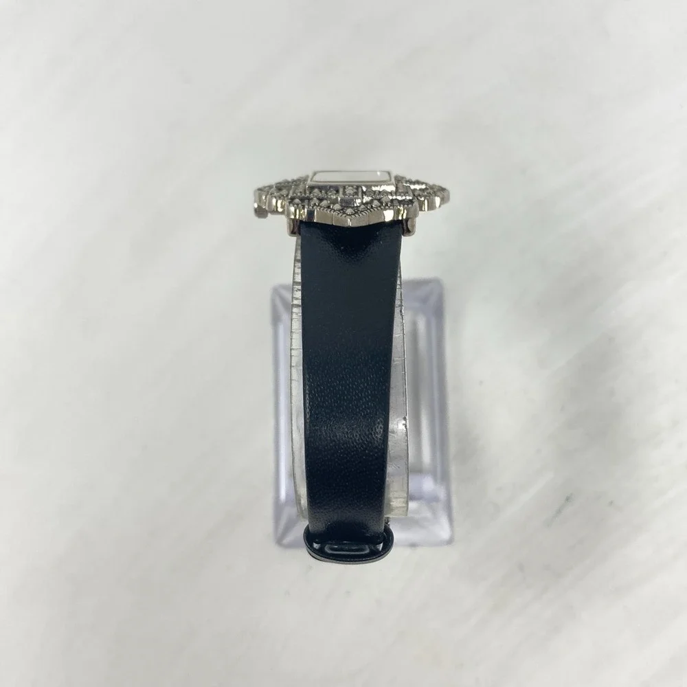 Vintage Avon Marcasite Tank Watch Women Silver Tone Black Leather New Battery 8